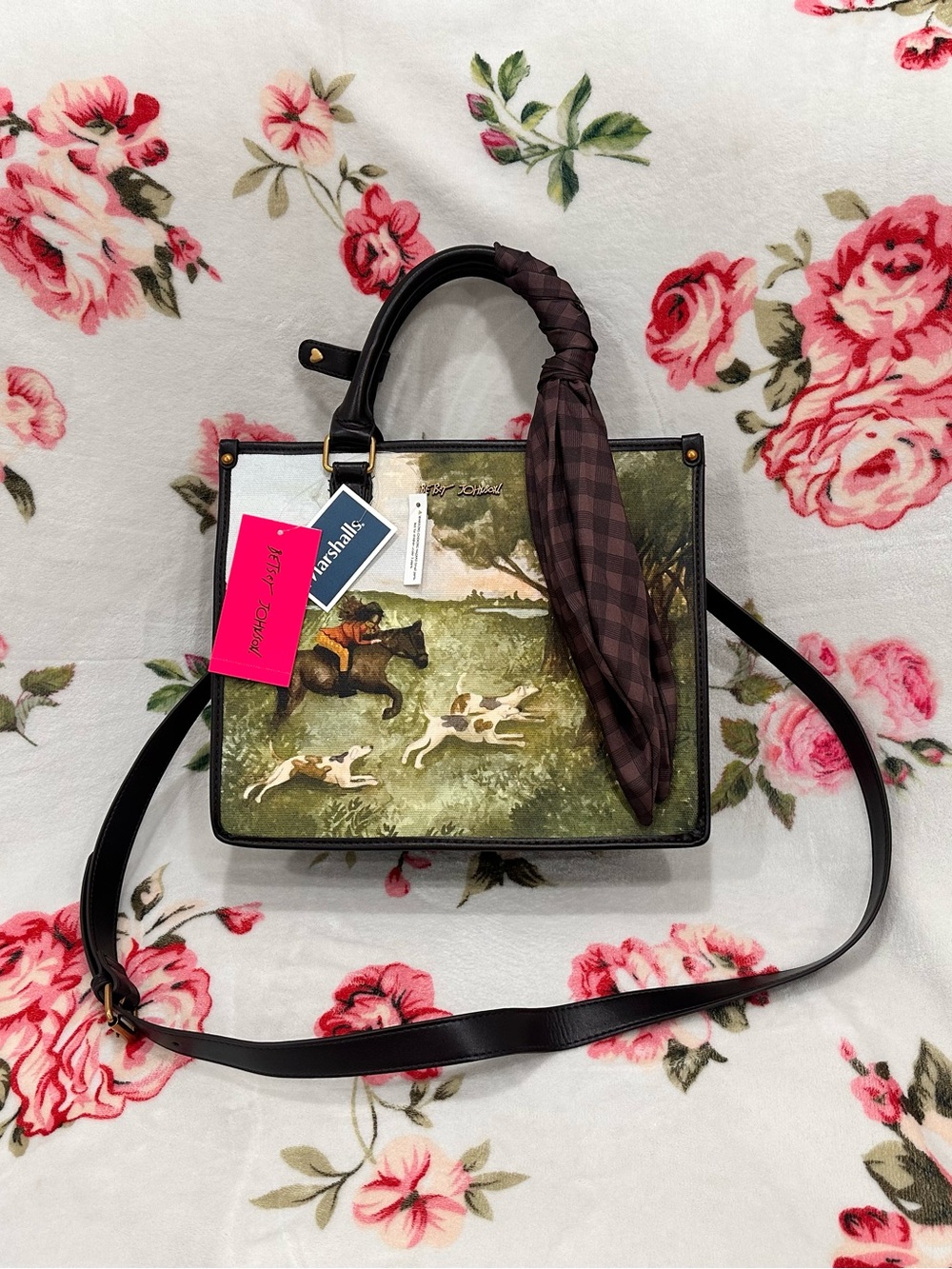 Betsey Johnson Equestrian Satchel with Horse & Hound Print and Brown Plaid Scarf